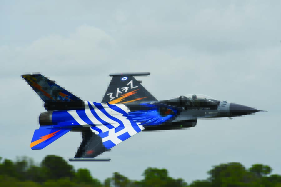 Frank Noll’s BVM 1/5th scale F-16 in Greek Air Force colors. Frank flew his Fighting Falcon with a JR DMSS radio system and a Jet Cat 300 Pro turbine.