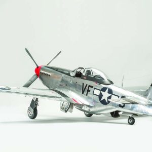 Covered in lithoplate panels, this P-51D model accurately replicates the covering of its bigger brother. The model is detailed with thousands of round- and flush-headed rivets.